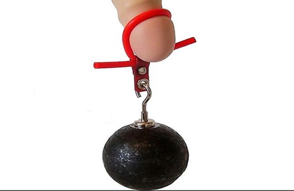 Suspension of weight on the penis to increase its length